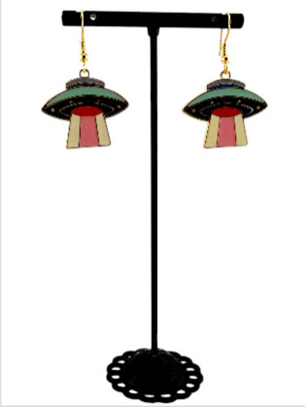 Retro UFO Spaceship Enamel Earrings Gold Plated Alien Sci Fi Dangle - Picture 9 of 9